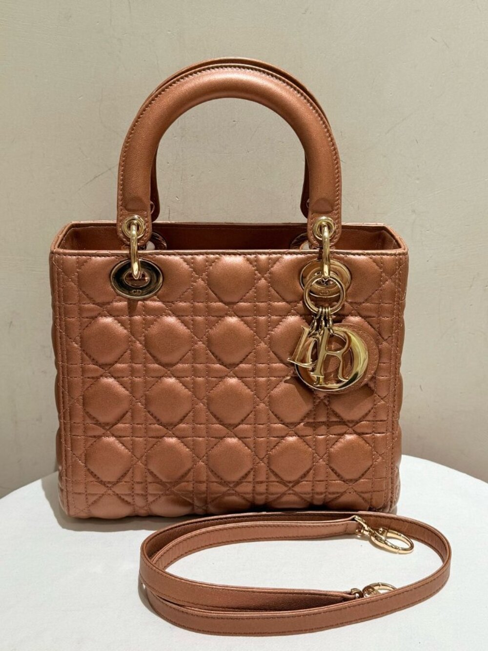 Dior Lady Dior Pearlescent Pink Gold Cannage Handbag - Picture 9 of 9
